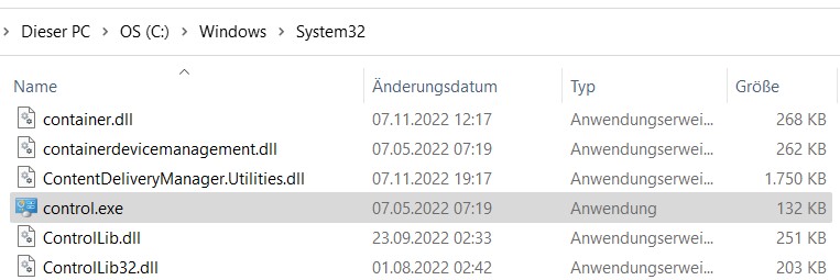 control.exe im Windows-Explorer