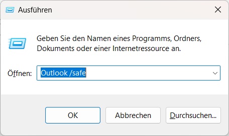 Windows Ausführen-Dialog Outlook /safe