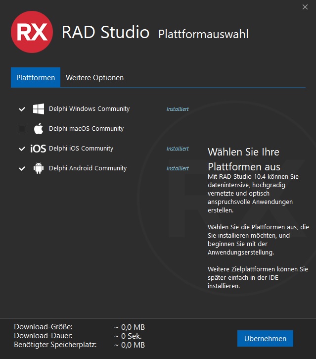 RAD Studio Dialog Plattformauswahl Plattformen