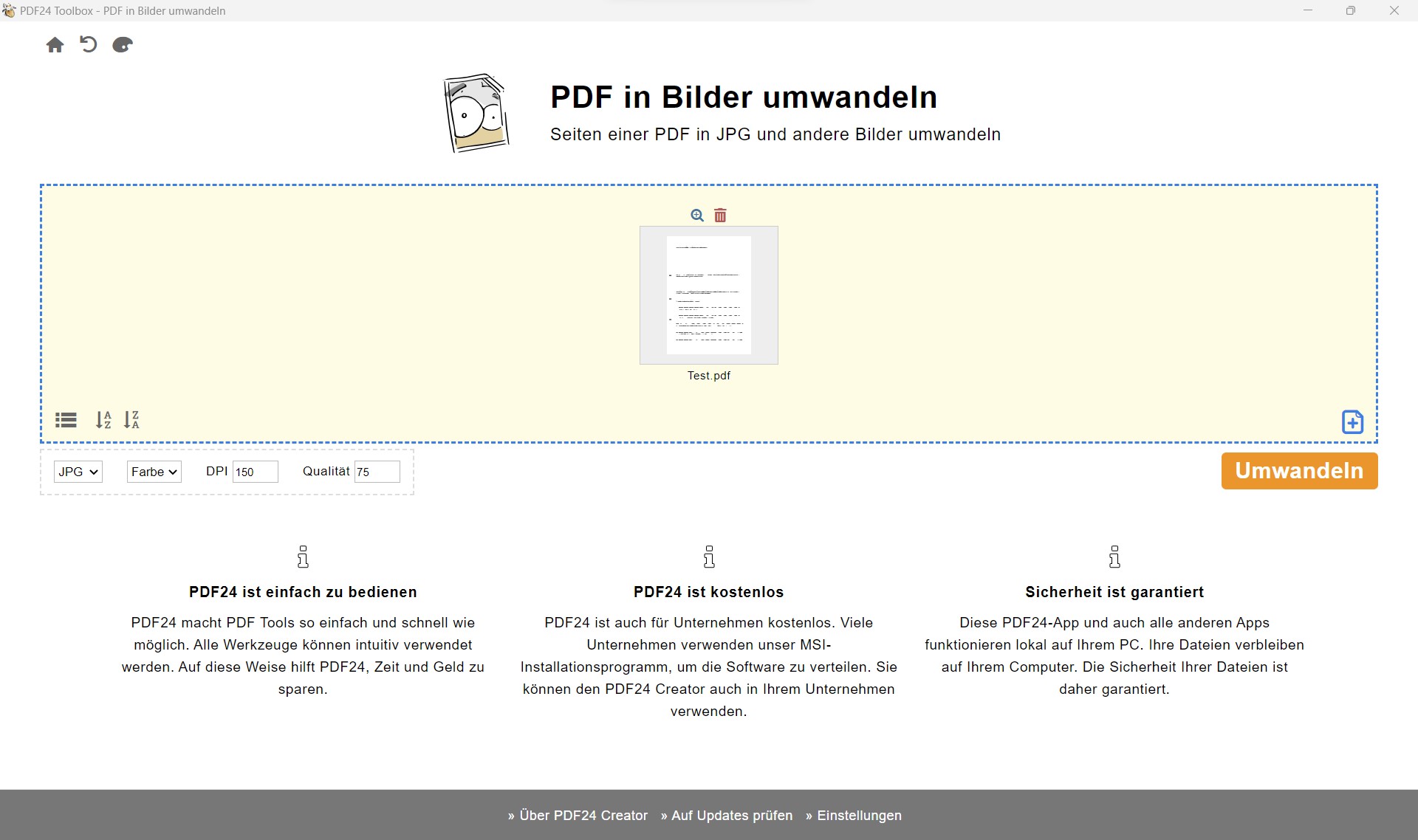 PDF24 PDF in Bilder umwandeln Einstellungen